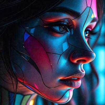 The primary subject of the image is a woman with a unique and artistic appearance. She has a face painted with a mix of blue, pink, and gold colors, giving her a distinctive and eye-catching look. The setting is a dark room, which adds to the dramatic and mysterious atmosphere of the scene. The visual style of the image is a combination of digital art and illustration, creating a striking and memorable portrait. The colors and mood of the image are vibrant and bold, with the woman